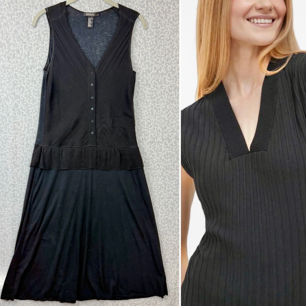 DKNY Black Dress Button Ruffle Midi Sleeveless Sz. S Cotton & Silk V-neck Light
